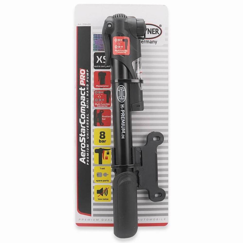 Pompa bicicleta cu manometru, 25x5cm, aluminiu, 8 bar -116 psi, cu suport de prindere, Hand Pump Pro, 216.42 Heyner Pompa bicicleta cu manometru, 25x5cm, aluminiu, 8 bar -116 psi, cu suport de prindere, Hand Pump Pro, 216.42 Heyner