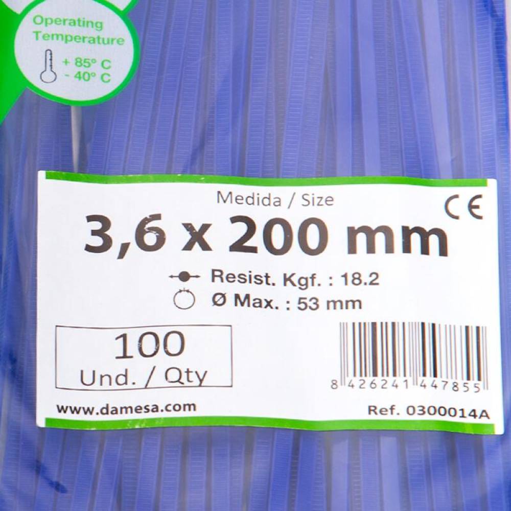 Set 100 coliere plastic 200x3.6mm,albastre, 300014A Damesa