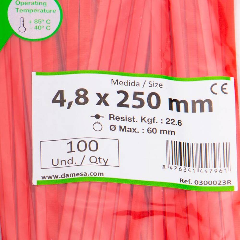 Set 100 coliere plastic 250x4.8mm, rosii, 300023R Damesa