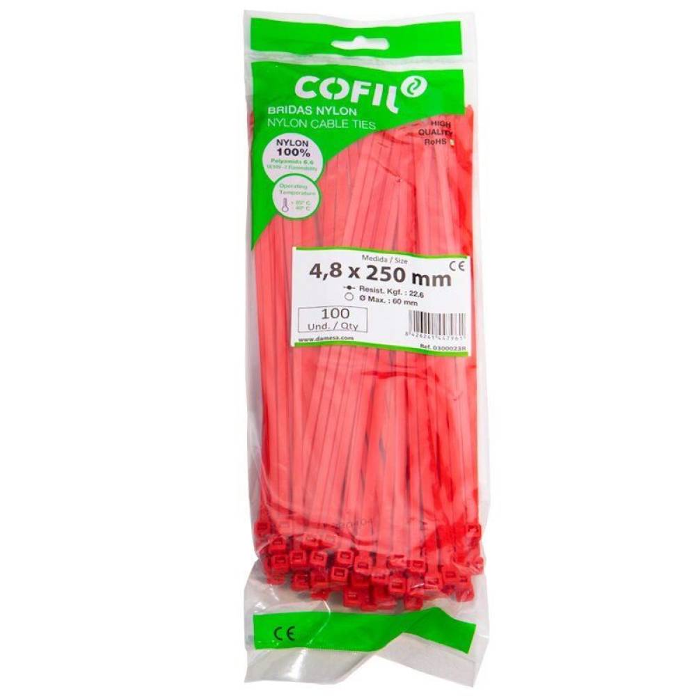 Set 100 coliere plastic 250x4.8mm, rosii, 300023R Damesa