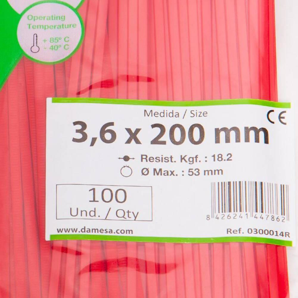 Set 100 coliere plastic 200x3.6mm, rosii, 300014R Damesa Set 100 coliere plastic 200x3.6mm, rosii, 300014R Damesa