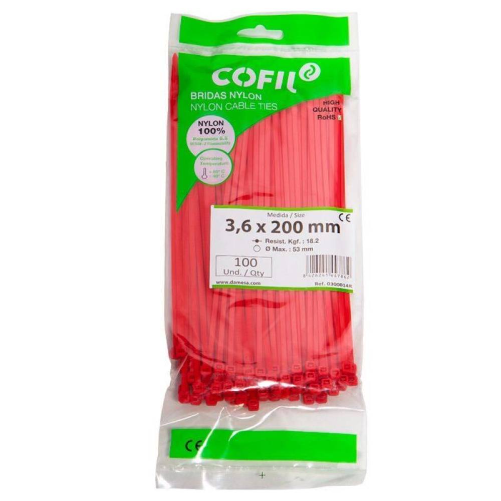 Set 100 coliere plastic 200x3.6mm, rosii, 300014R Damesa Set 100 coliere plastic 200x3.6mm, rosii, 300014R Damesa