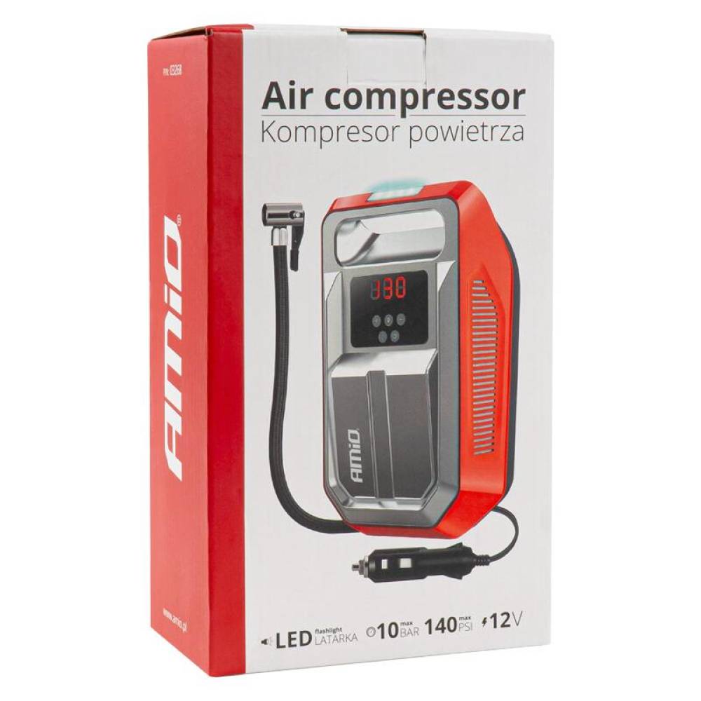 Compresor aer 12V, 10 bar, 25l pe minut, 120W, digital, cu lanterna, 03268 Amio Compresor aer 12V, 10 bar, 25l pe minut, 120W, digital, cu lanterna, 03268 Amio