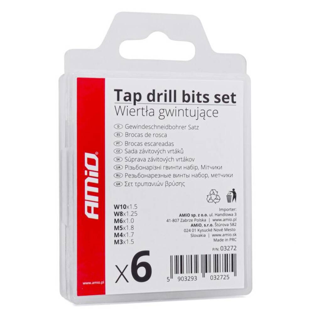 Set 6 burghie cu tarod, marime intre M3 si M10, prindere bit hexagonal 1/4, HSS,  Amio 03272