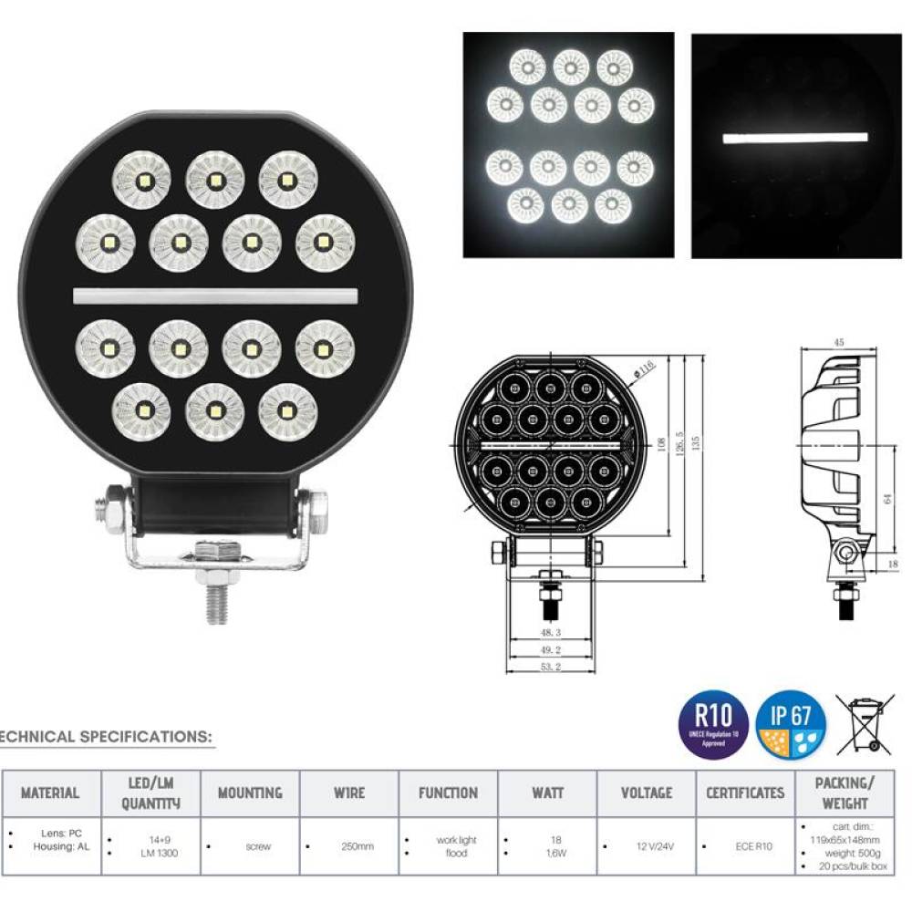 Proiector lucru fi116x45, 14+9LED cu pozitie tip STRIPE, 18W, 12-24V, 1300lm, 60 grade Flood, L0182