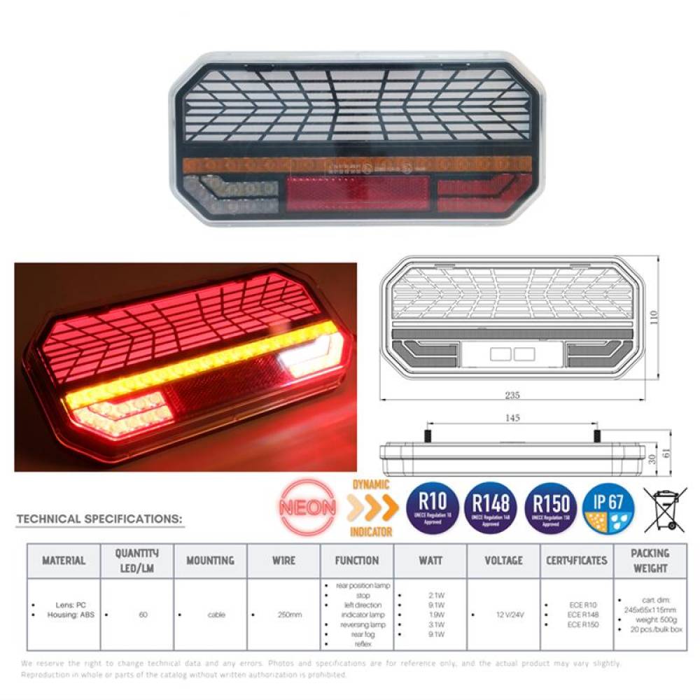 Lampa spate 235x110 LED NEON, 5 functii, cu ceata si mers inapoi, semnalizare dinamica, dreapta L2423