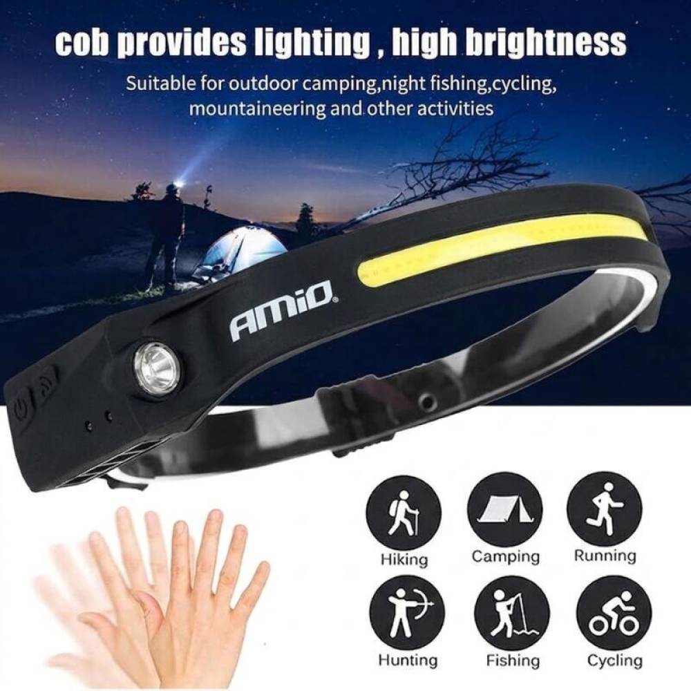 Lanterna frontala de cap, Cob si Xpe LED, 6w-3w, 350lm-150lm, USB-C, 1200mAh, senzor de miscare, 6 functii, 29cm, Amio 3241 Lanterna frontala de cap, Cob si Xpe LED, 6w-3w, 350lm-150lm, USB-C, 1200mAh, senzor de miscare, 6 functii, 29cm, Amio 3241