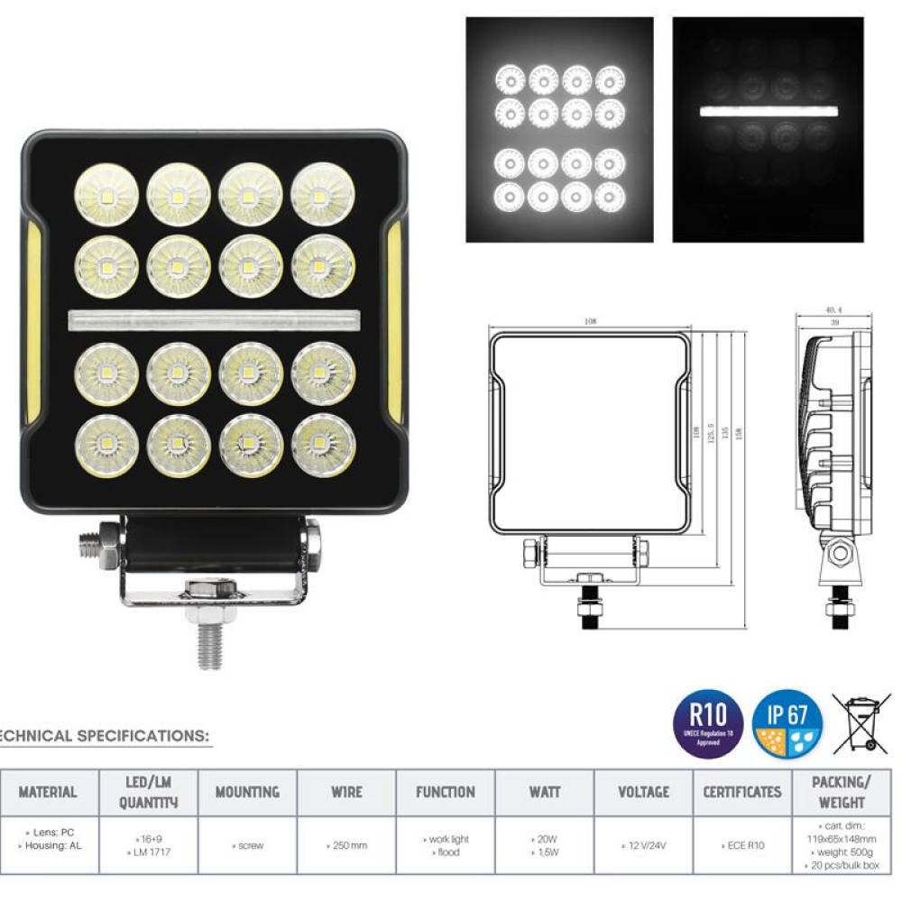 Proiector lucru 108x108x40, 16+9LED cu pozitie tip STRIPE, 20W, 12-24V, 1300lm, 60 grade Flood, L0181