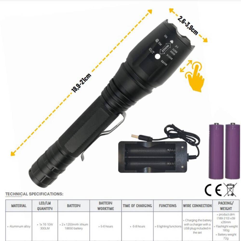 Lanterna tactica LED, 10w, 300lm, 2 acumulatori si incarcator 5v, 1200mAh, aluminiu, zoom, 6 functii, 20cm,  XML T6, LA0202