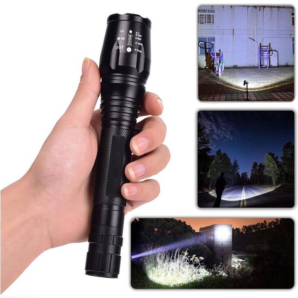 Lanterna tactica LED, 10w, 300lm, 2 acumulatori si incarcator 5v, 1200mAh, aluminiu, zoom, 6 functii, 20cm,  XML T6, LA0202