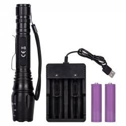 Lanterna tactica LED, 10w, 300lm, 2 acumulatori si incarcator 5v, 1200mAh, aluminiu, zoom, 6 functii, 20cm,  XML T6, LA0202