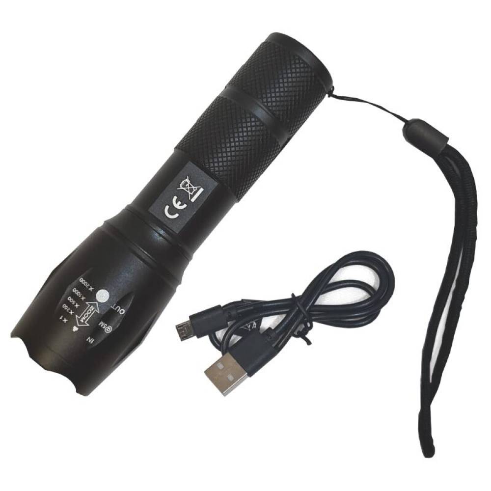 Lanterna tactica LED, 10w, 300lm, reincarcabila USB, 1200mAh, aluminiu, zoom, 5 functii, 13cm, LA0203