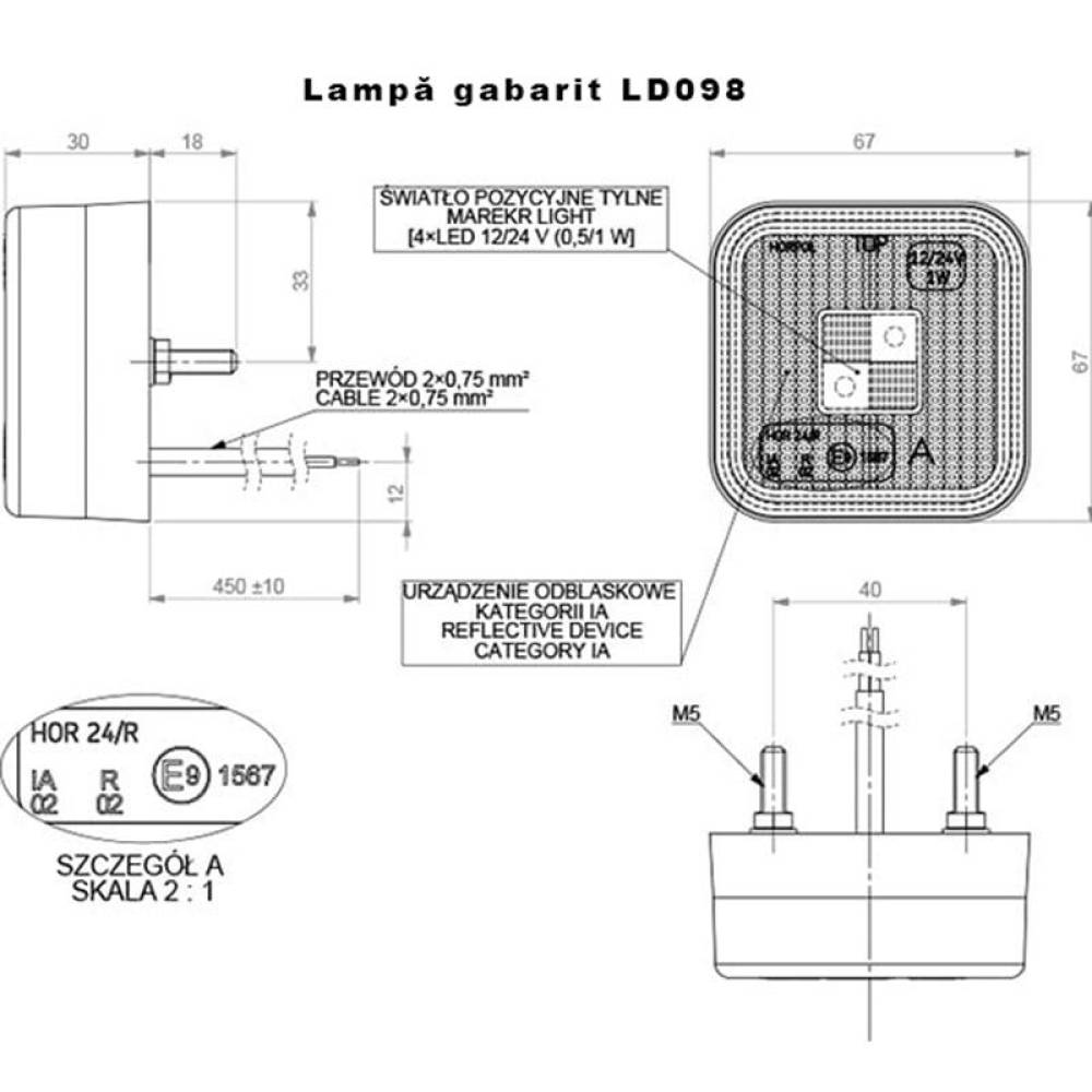 Lampa gabarit 67x67 LED, rosie, 12/24V, tip MAN F90, 2000, LD098 Horpol Lampa gabarit 67x67 LED, rosie, 12/24V, tip MAN F90, 2000, LD098 Horpol