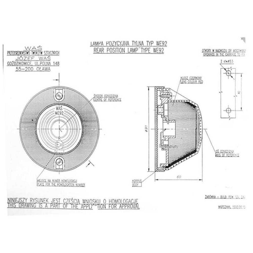 Lampa gabarit rotunda fi91, bec R10w, P21W, rosu, WE93-13 WAS