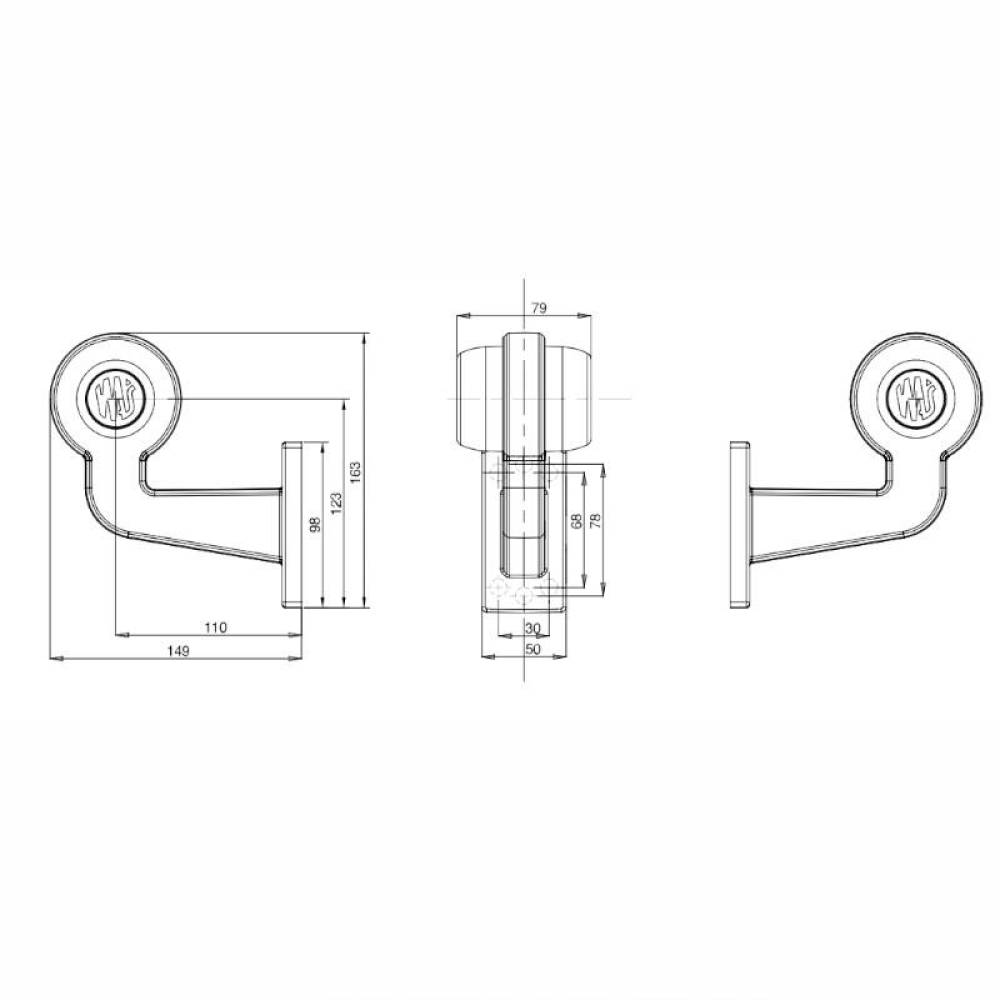 Lampa gabarit brat 149mm, cotit la 90°, galben cu rosu, LED Neon, dreapta, W74.4 LOGO 2263 P/II WAS Lampa gabarit brat 149mm, cotit la 90°, galben cu rosu, LED Neon, dreapta, W74.4 LOGO 2263 P/II WAS