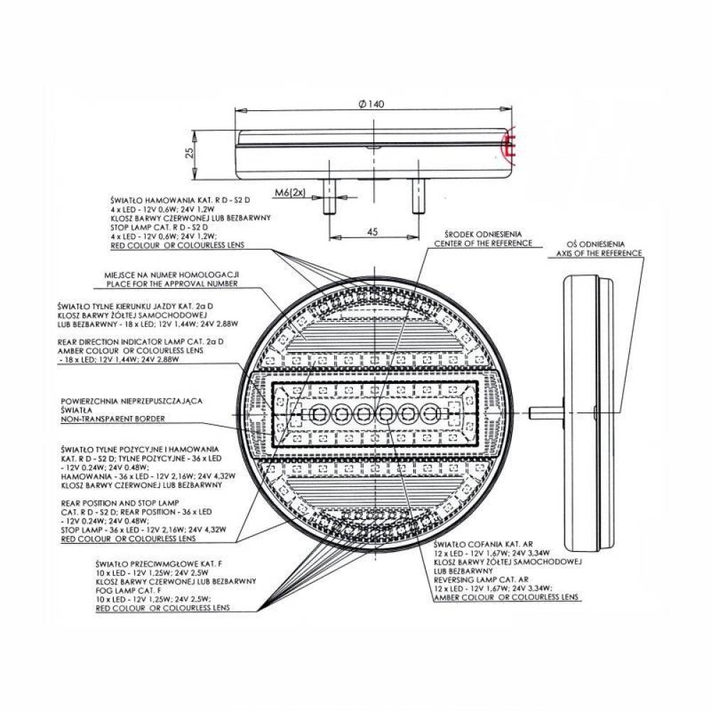 Lampa stop fi140, 5 functii, mers inapoi si ceata, LED, 12-24V, hamburger, stanga-dreapta, slim, W92 737 Was