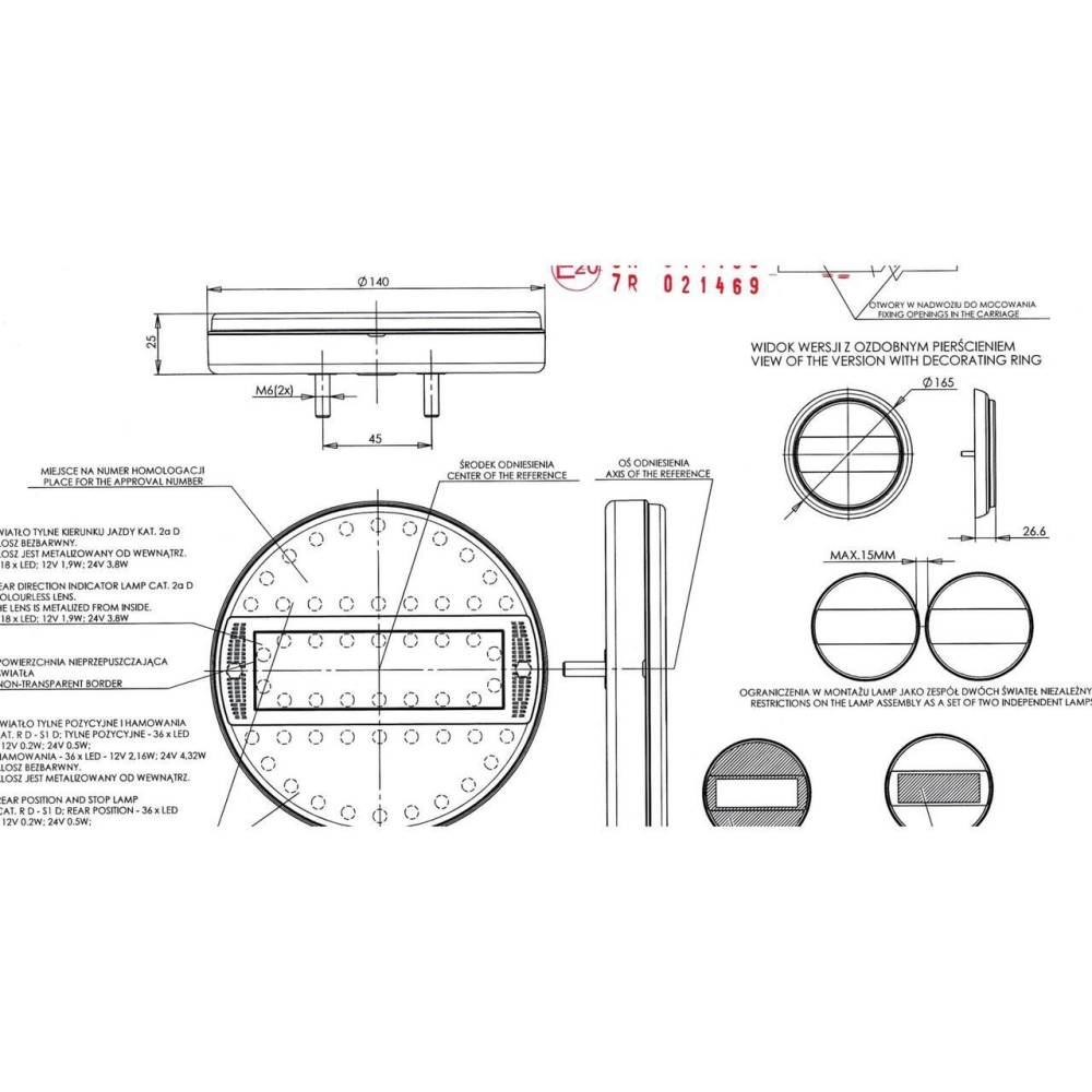 Lampa stop fi142, 3 functii, LED, 12-24V, hamburger, cu dispersor oglinda, stanga-dreapta, slim, W91 733 Was