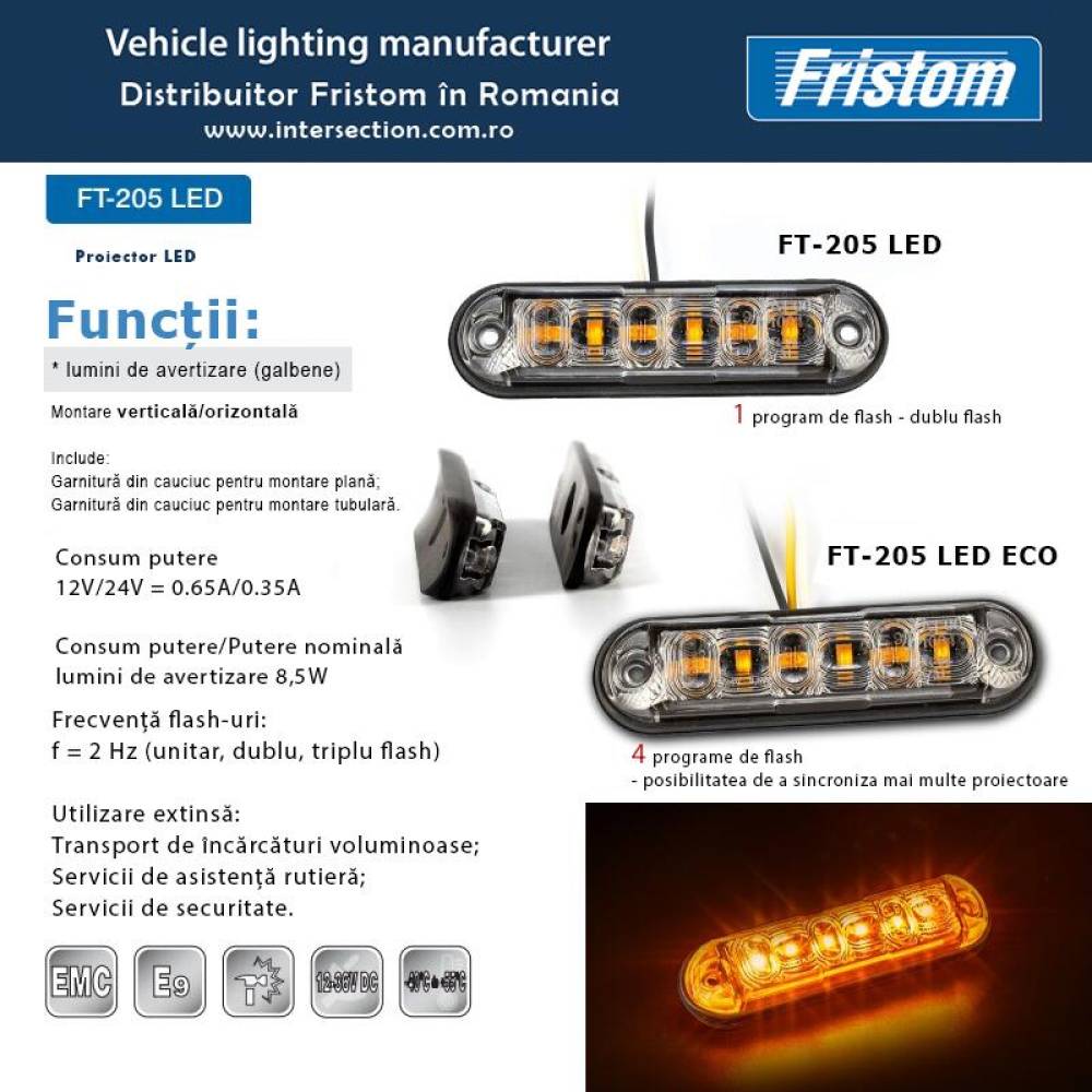 Proiector stroboscopic, 103x26, 12-24V, 6LED-uri, cu 2 garnituri, monatare pe bullbar sau suprafata plana., 4 tipuri de flash-uri, FT-205 Fristom