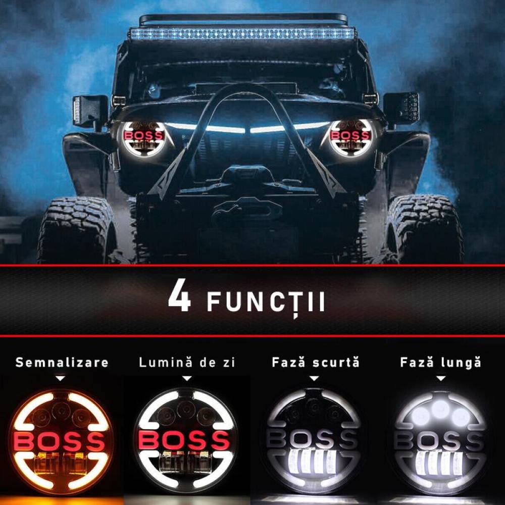 Far cu 2 faze, Hi-Low, cu DRL, BOSS, 9-36V, pentru Jeep si moto, 03625 Amio