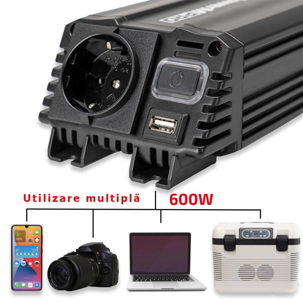 Invertor 12V la 220V, 300W, USB, cu stecher si clesti baterie, HEYNER® Mobile Power M PRO, 511.92 Heyner 