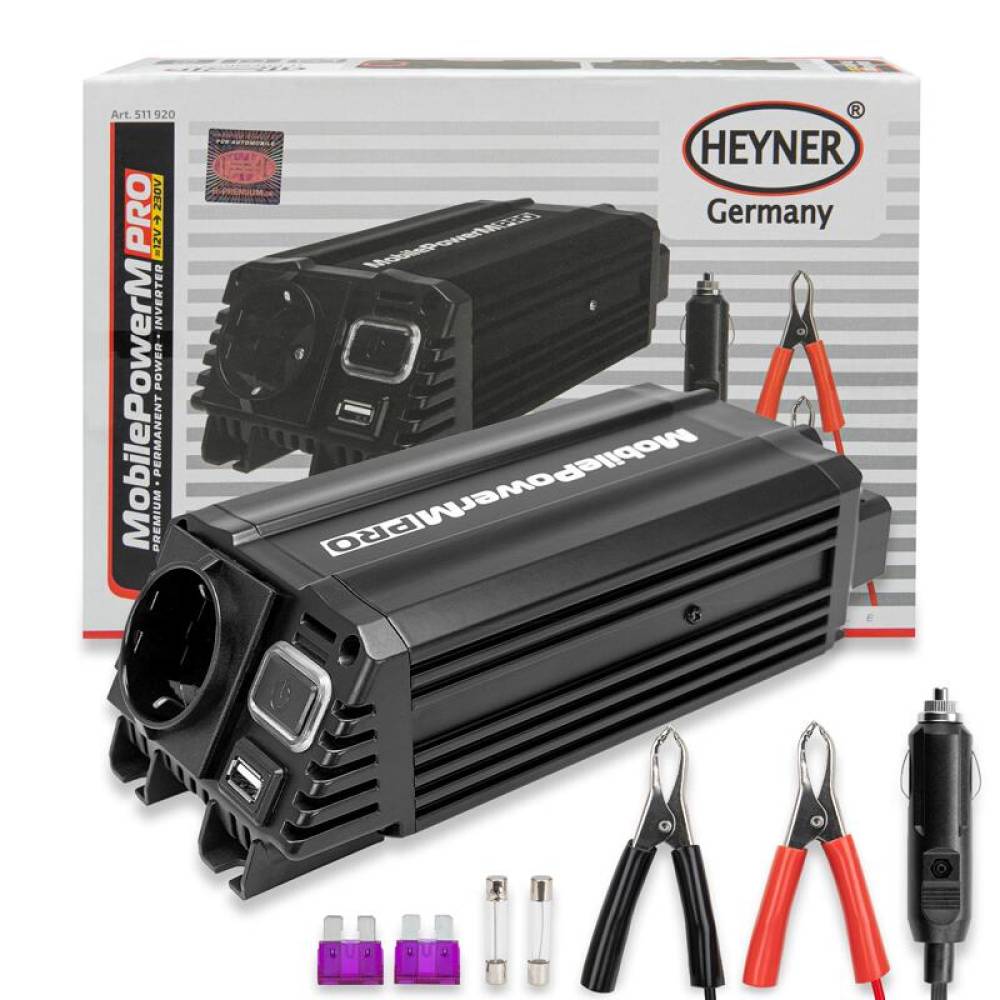 Invertor 12V la 220V, 300W, USB, cu stecher si clesti baterie, HEYNER® Mobile Power M PRO, 511.92 Heyner 