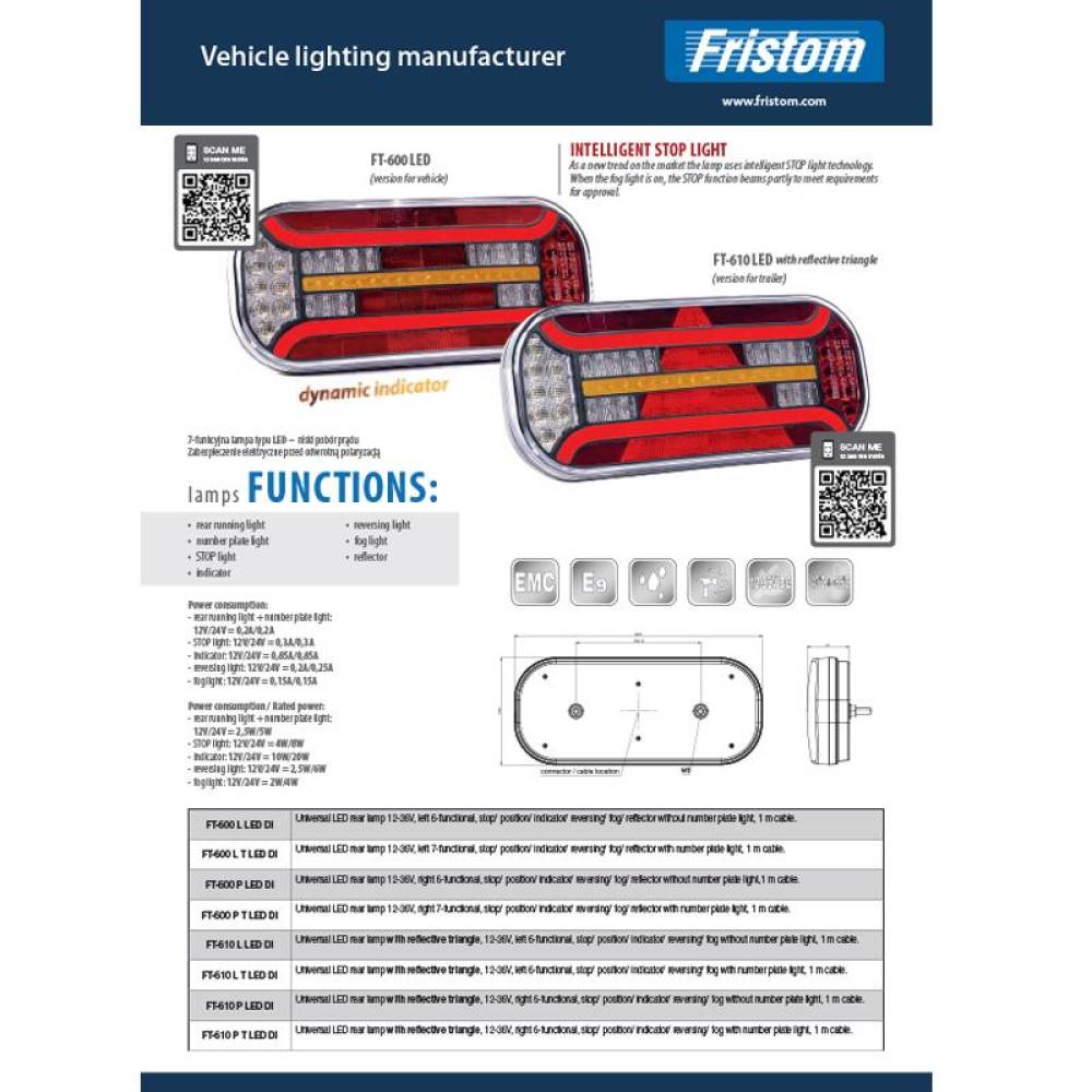 Lampa stop, 302x130, LED, 6 functii, cu ceata si mers inapoi, semnalizare dinamica, cu mufa, stanga, FT-600 L DI, Bajonet 6 pini, Fristom