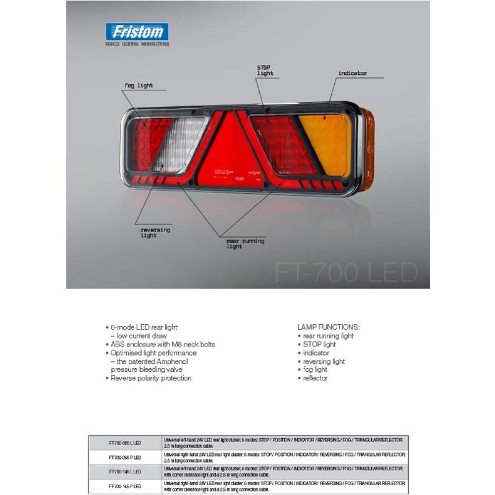 Lampa stop 450x138, 24V, LED, 6 functii, pozitie, frana, semnalizare ,ceata, mers inapoi, catadioptru, cu lampa gabarit, cu mufa 7 pini, stanga, FT-700-146L Amp7 Fristom Lampa stop 450x138, 24V, LED, 6 functii, pozitie, frana, semnalizare ,ceata, mers inapoi, catadioptru, cu lampa gabarit, cu mufa 7 pini, stanga, FT-700-146L Amp7 Fristom
