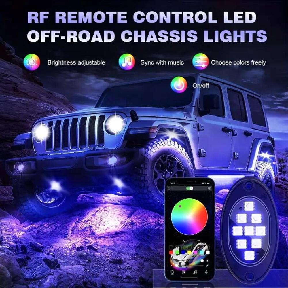 Set 4 lumini ambientale, LED, sub masina, 12V, multimod si multicolor, 3 moduri de a controla luminile, Smart Led Rock Light, HHRY164