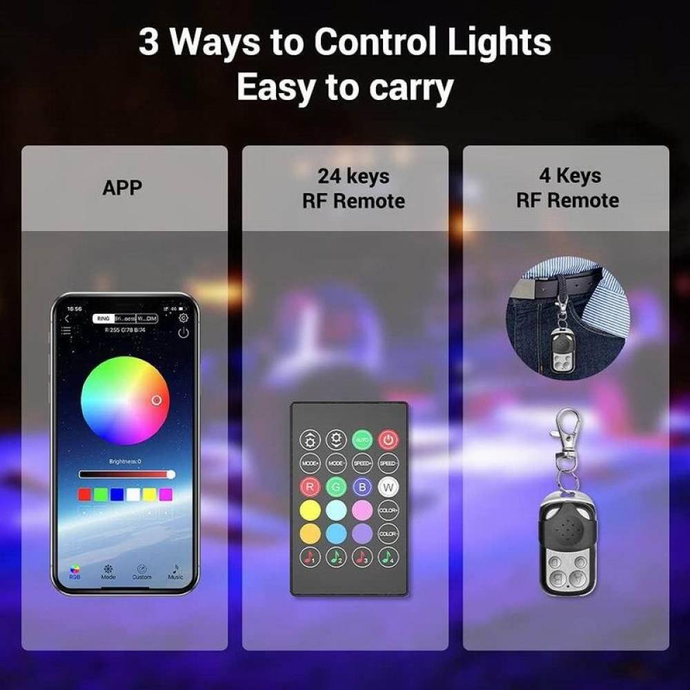 Set 4 lumini ambientale, LED, sub masina, 12V, multimod si multicolor, 3 moduri de a controla luminile, Smart Led Rock Light, HHRY164