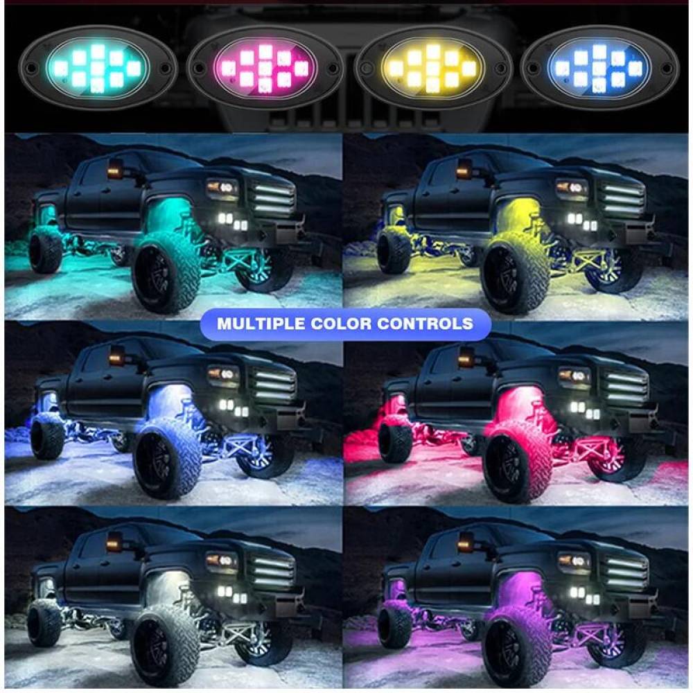 Set 4 lumini ambientale, LED, sub masina, 12V, multimod si multicolor, 3 moduri de a controla luminile, Smart Led Rock Light, HHRY164