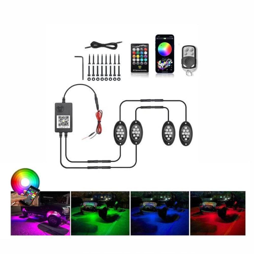 Set 4 lumini ambientale, LED, sub masina, 12V, multimod si multicolor, 3 moduri de a controla luminile, Smart Led Rock Light, HHRY164