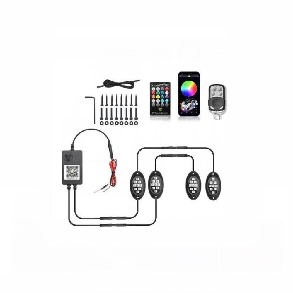 Set 4 lumini ambientale, LED, sub masina, 12V, multimod si multicolor, 3 moduri de a controla luminile, Smart Led Rock Light, HHRY164