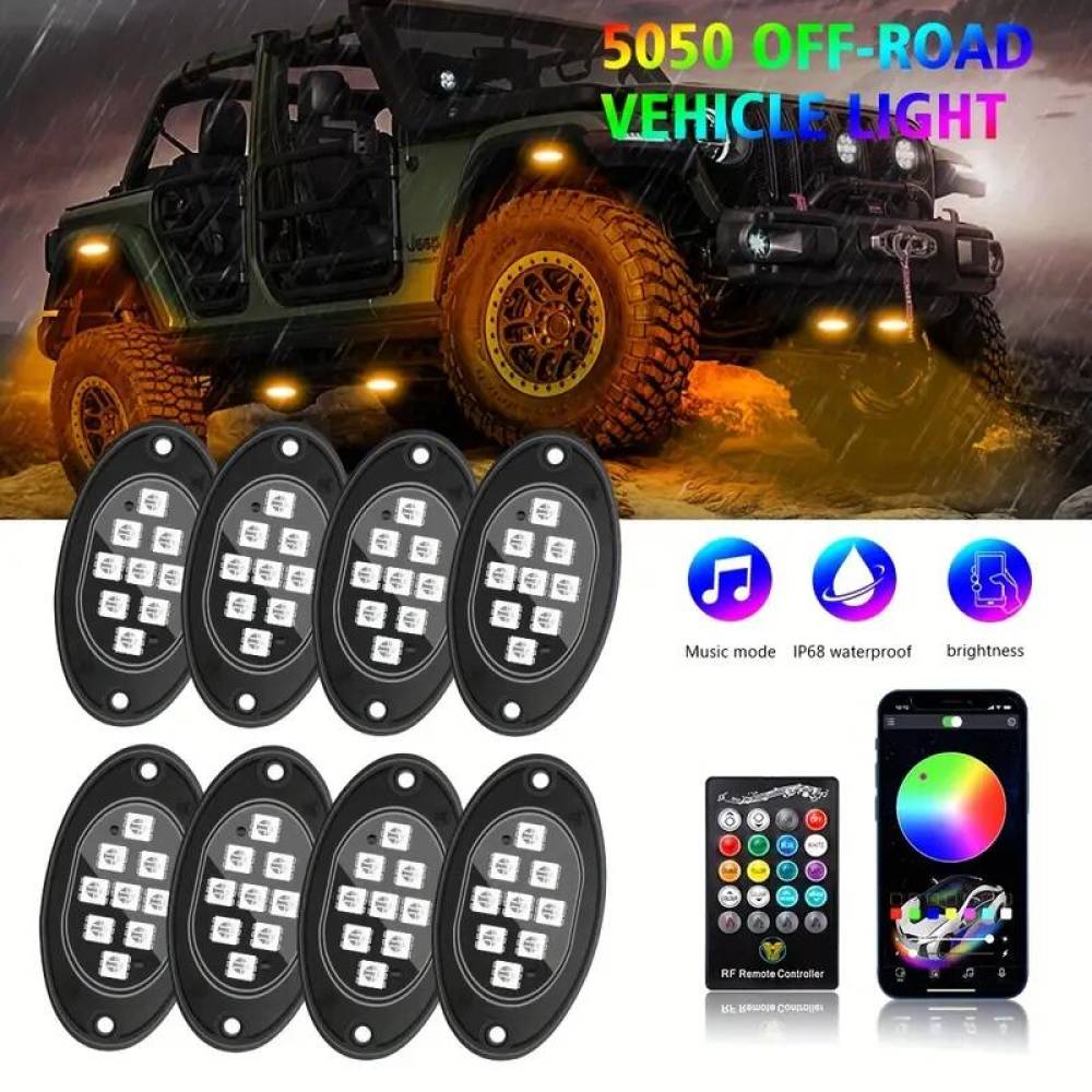 Set 8 lumini ambientale, LED, sub masina, 12V, multimod si multicolor, 3 moduri de a controla luminile, Smart Led Rock Light, HHRY168