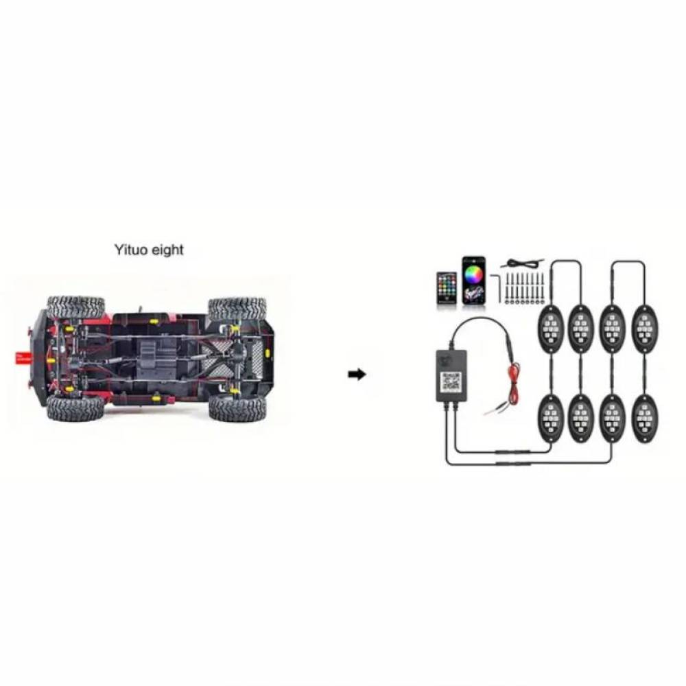 Set 8 lumini ambientale, LED, sub masina, 12V, multimod si multicolor, 3 moduri de a controla luminile, Smart Led Rock Light, HHRY168