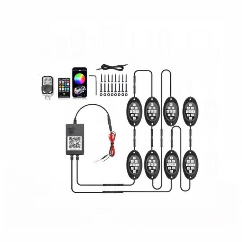 Set 8 lumini ambientale, LED, sub masina, 12V, multimod si multicolor, 3 moduri de a controla luminile, Smart Led Rock Light, HHRY168