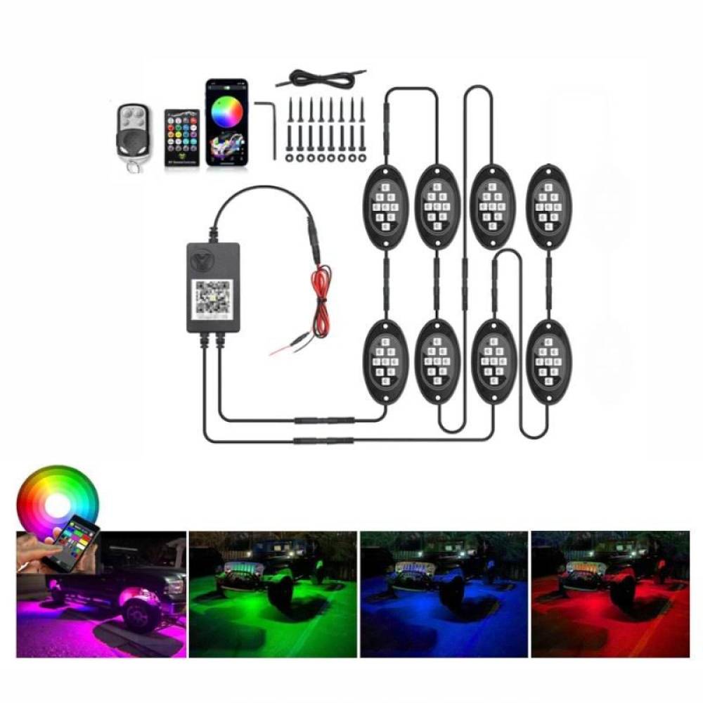 Set 8 lumini ambientale, LED, sub masina, 12V, multimod si multicolor, 3 moduri de a controla luminile, Smart Led Rock Light, HHRY168