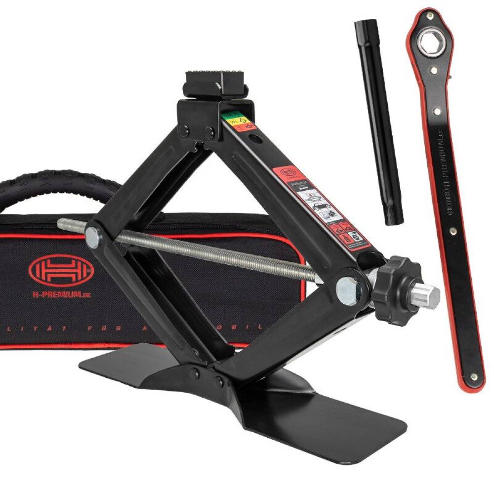 Cric foarfeca, 1500kg, 10-38cm, cu cheie clichet si tubulara 17mm, husa depozitare, Sedan, OEM, pentru multe modele BMW, MINI, Opel, Black Edition 347.35 Heyner