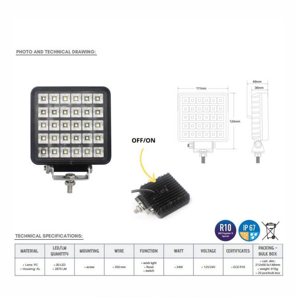 Proiector lucru auto 111x111, LED, 12-24V, 24W, 2875lm, cu intrerupator, unghi larg, L0156 TruckLed