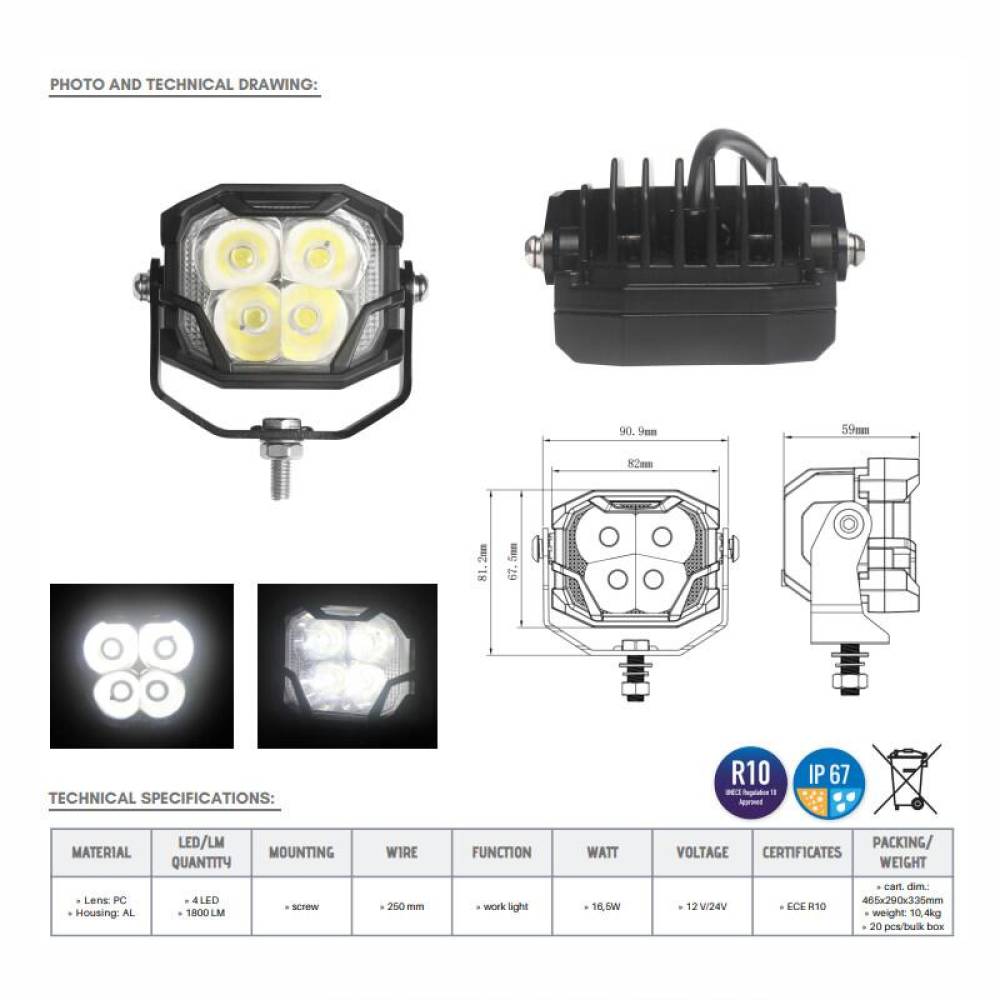 Proiector lucru 91x68, LED, 12-24V, 16W, 1800lm, spot, L0187 TruckLed
