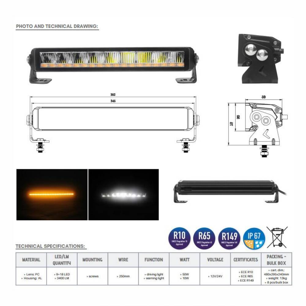 Proiector LED BAR 2 in 1, 362x80, 27 LED-uri, faza lunga si functie stroboscopica, 12-24V, 60W, 3400lm, BEZEL-LESS, L3433 TruckLed
