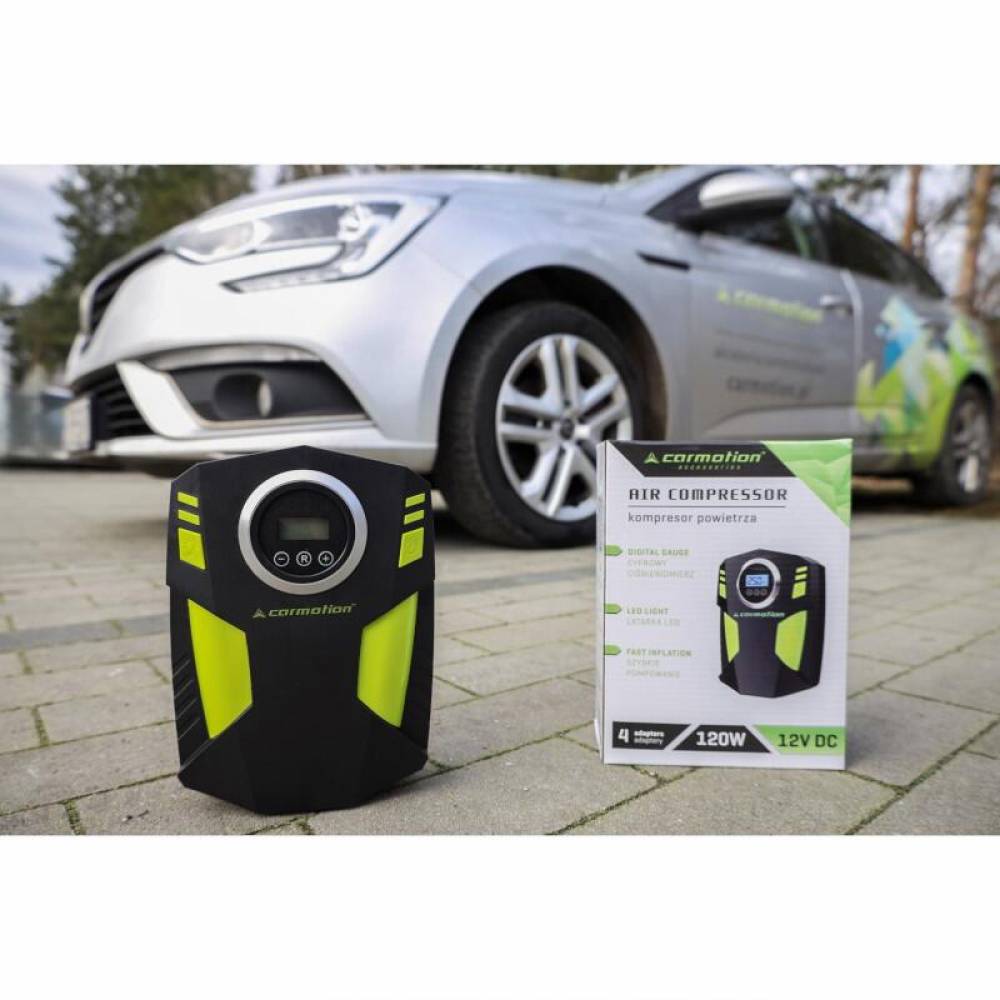 Compresor aer, 10bar, 12V, 120W, automat cu manometru digital, cu lanterna, 4 adaptoare, 63335 Carmotion