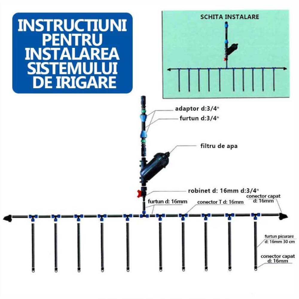 Tub picurare apa fi16mm, distanta intre picuratori 30cm, debit 4L pe ora, rola 200m, BK78356