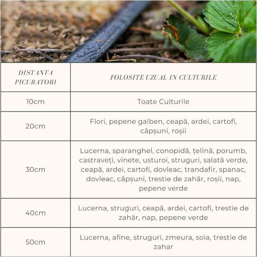 Tub picurare apa fi16mm, grosime 36mil-0.91mm, distanta intre picuratori 30cm, debit 4L pe ora, rola 200m, BK78380