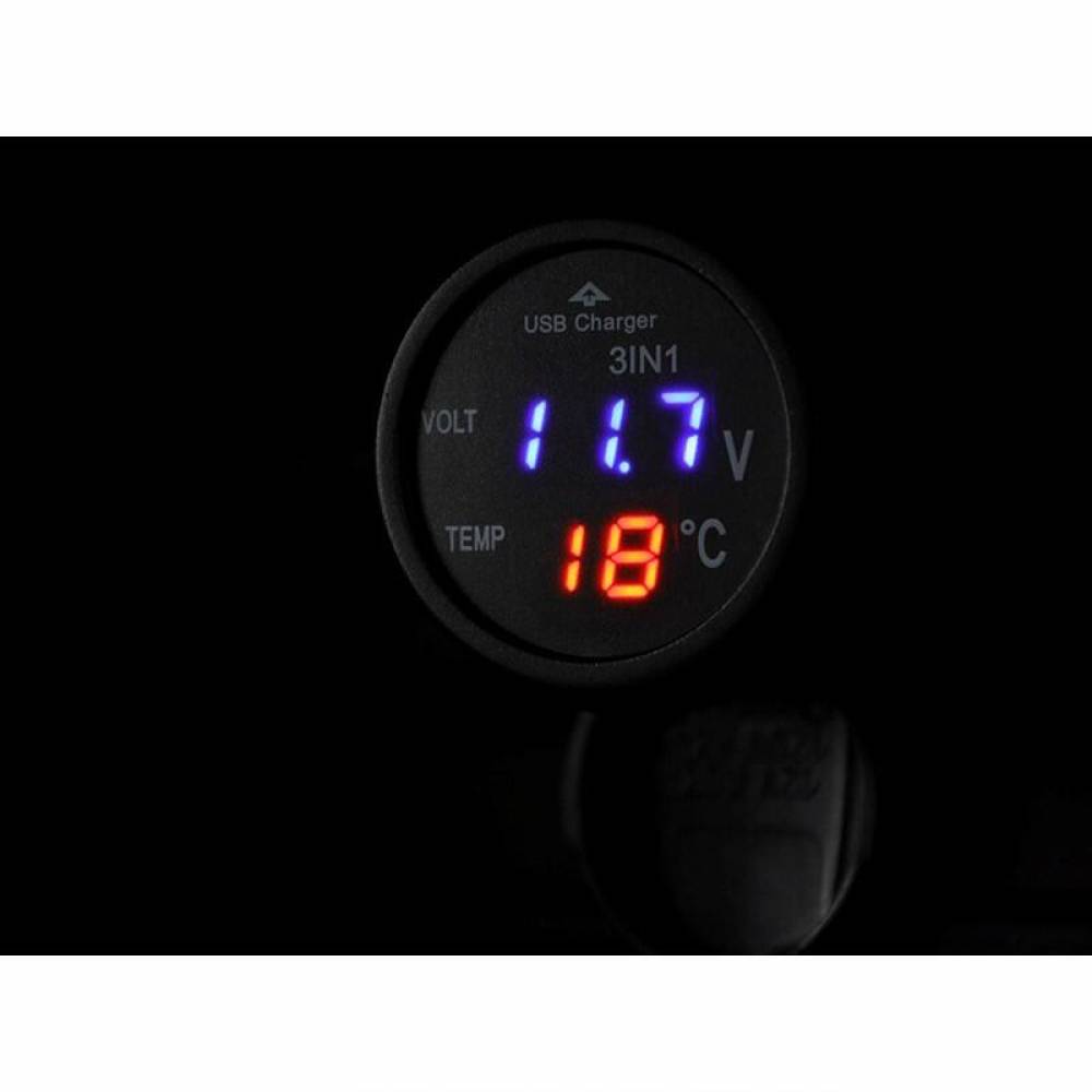 Incarcator auto 3in1, 12-24V, cu USB, voltmetru si termometru, 58711 Carmotion