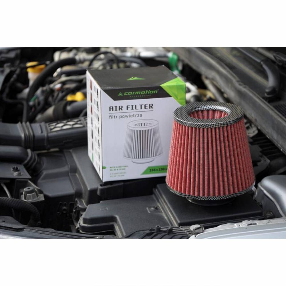 Filtru aer sport, rosu-carbon, 3 adaptori, h15cm, 83151 Carmotion