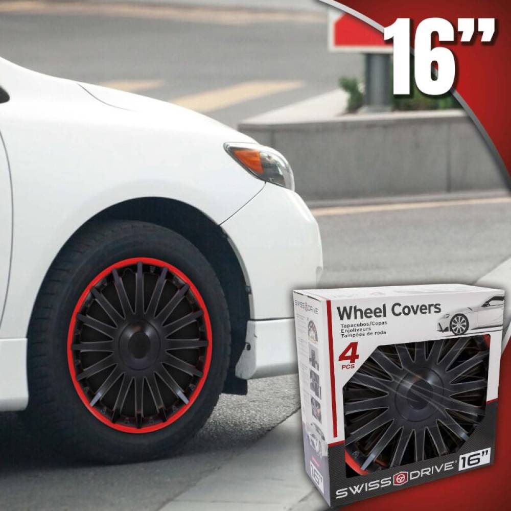 Set 4 capace roti 16inch, negre cu dunga rosie, Florida, VNJ4216 SwissDrive
