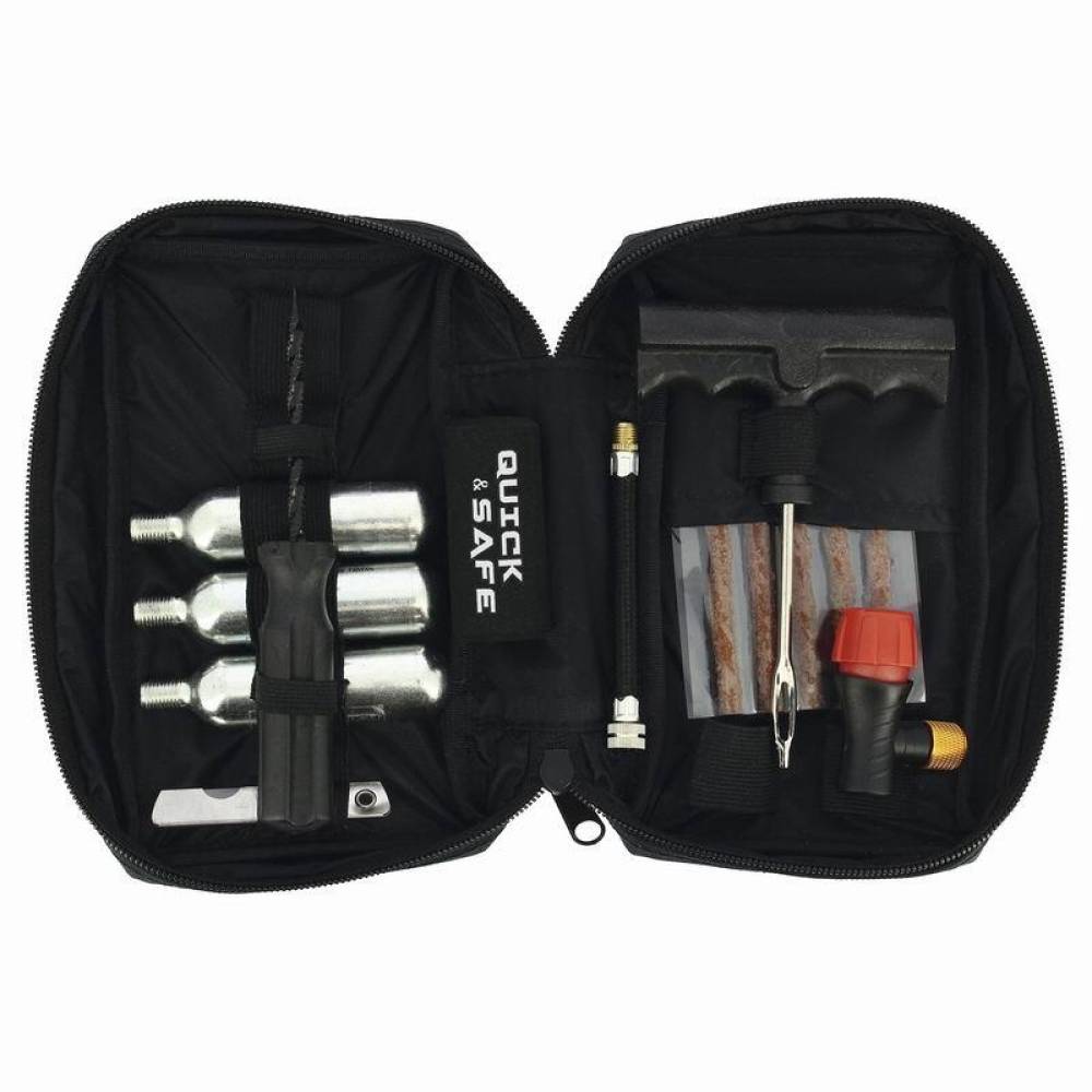 Kit reparatie cauciuc, cu snur si capsule CO2, pentru moto, atv, scooter, cu adaptor valva Presta si Schrader, Quick&Safe RP12014 