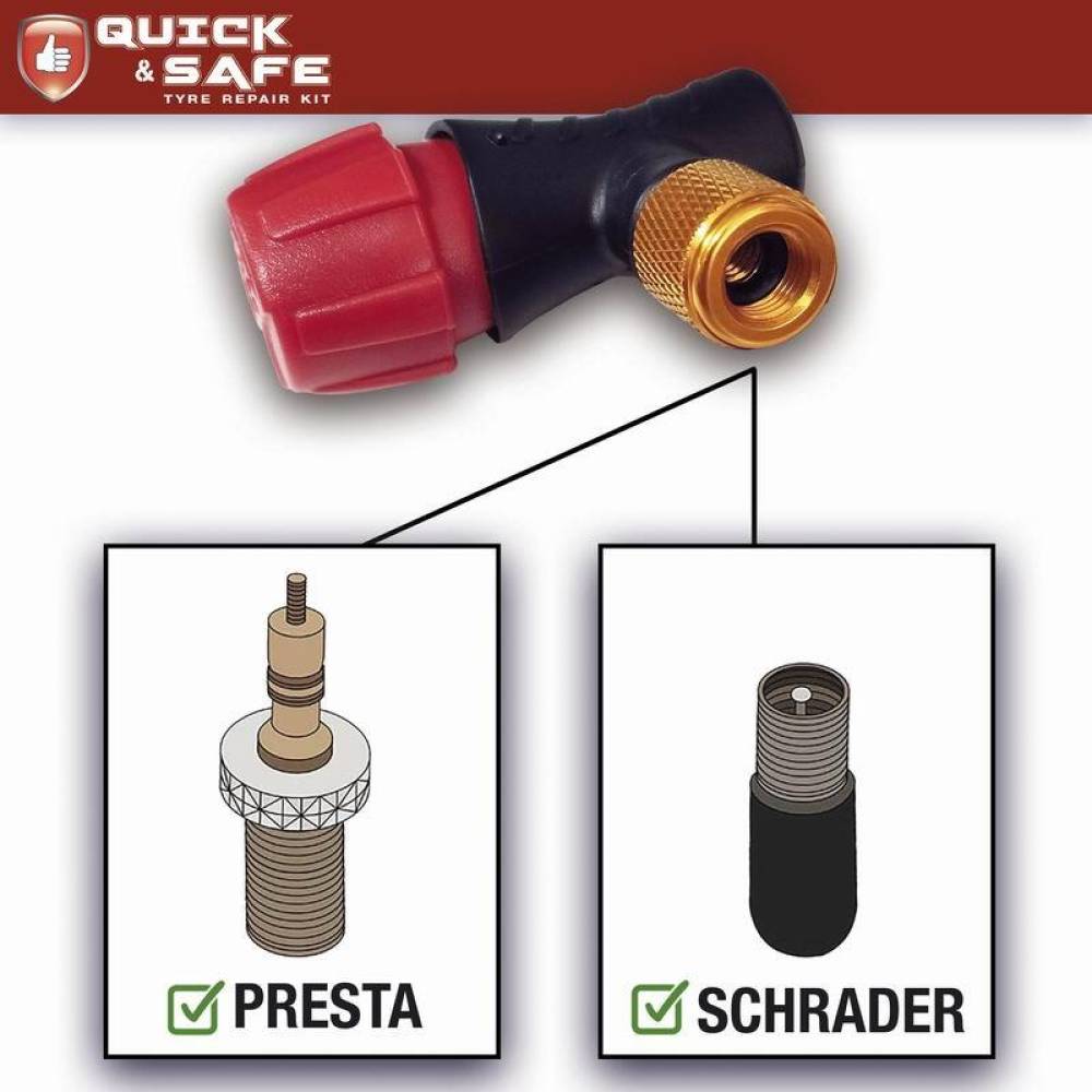Kit reparatie cauciuc, cu snur si capsule CO2, pentru moto, atv, scooter, cu adaptor valva Presta si Schrader, Quick&Safe RP12014 