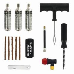 Kit reparatie cauciuc, cu snur si capsule CO2, pentru moto, atv, scooter, cu adaptor valva Presta si Schrader, Quick&Safe RP12014 
