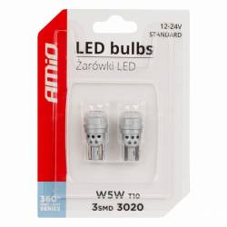 Set 2 becuri aluminiu T10, 3 LED-uri SMD3020, 12-24V, W5W, alb, 360° Pure Light Series, 03725 Amio 